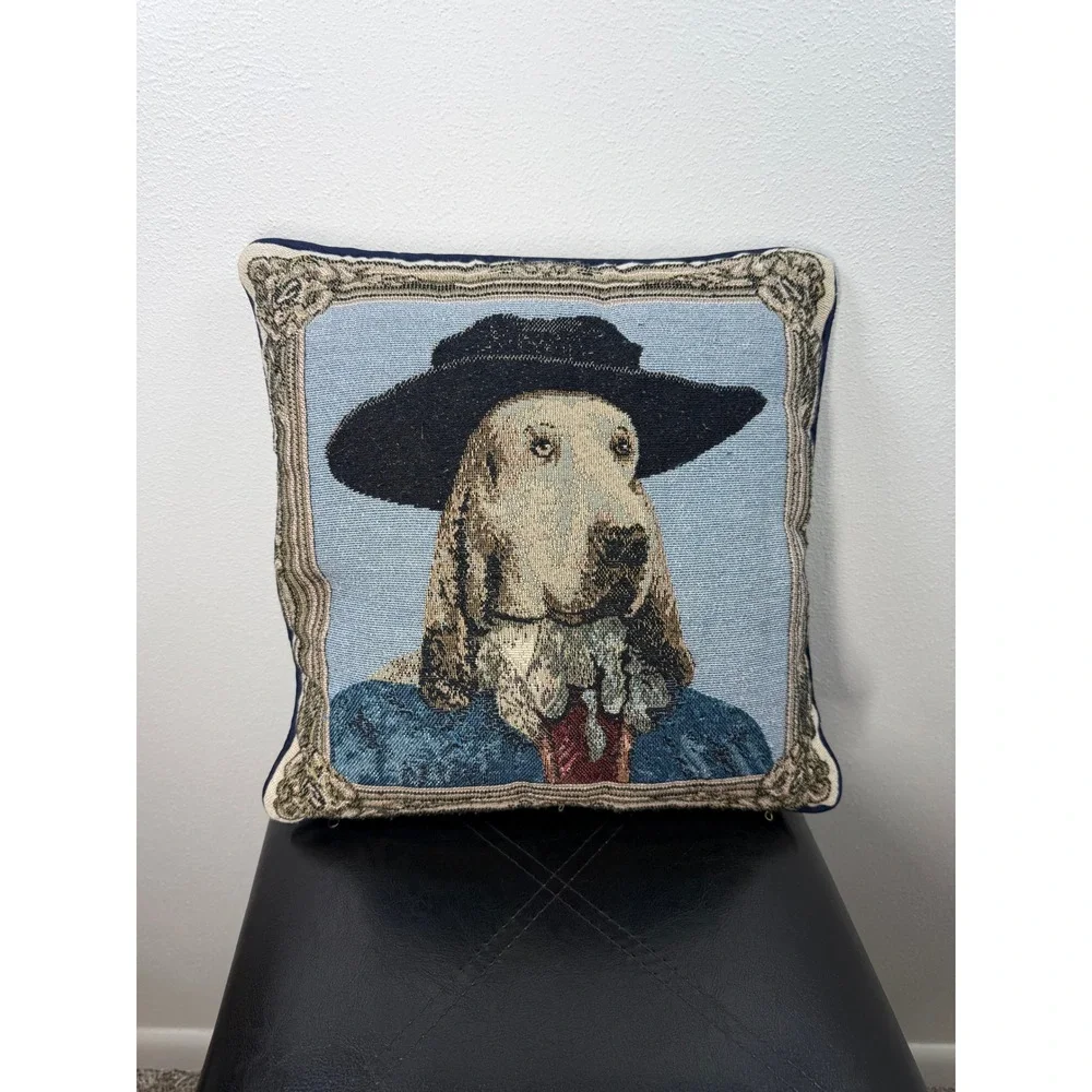 Vintage Whimsical Woven Tapestry Bloodhound Dog Portrait Throw Pillow 15x15 Blue